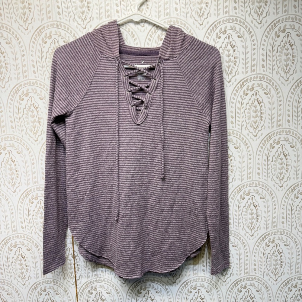 American Eagle Hoodie Womens XS Purple Striped Lace Up Soft & Sexy Plush Top